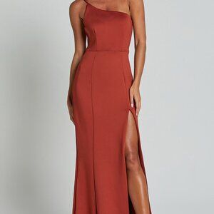 Showpo. No Ones Fault Maxi Dress Size 12 Rust One‎ Shoulder Thigh Split NWT $79
